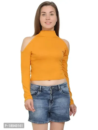 SAIOM Fashionable highnecktop for Ladies Regular fit Latest Plain Front Women Stylish Full Sleeve Casual High Neck Crop top for Womens/Girls Unique Womens/Girls Mustred Solder Sleeves Cut Crop Top-thumb3