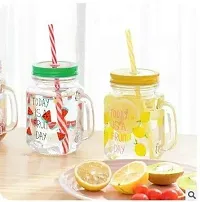 BUYER'S CHOICE Fruit Design Mason Jars with Handle and Straw, 450 ml, Multicolour - Pack of 2-thumb3