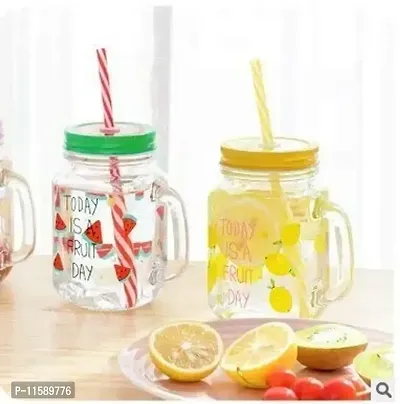 BUYER'S CHOICE Fruit Design Mason Jars with Handle and Straw, 450 ml, Multicolour - Pack of 2-thumb4