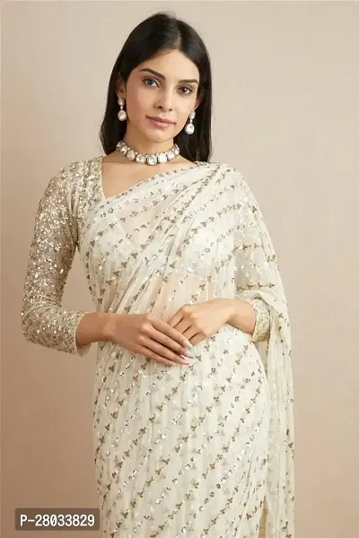 Elegant White Georgette Embroidered Bollywood Saree With Blouse Piece