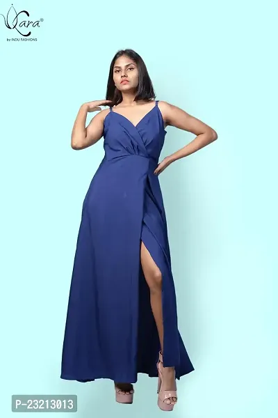 KARA Polyester Blend Maxi Length Women Gown Slim  Regular (L_Dark Blue)-thumb3
