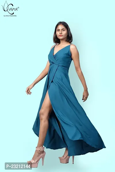 KARA Polyester Blend Maxi Length Women Gown Slim  Regular (S_Sky Blue)-thumb2