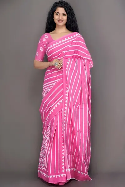 Ikat Cotton Printed Sarees With Blouse