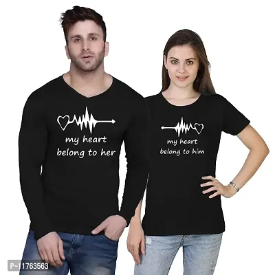 Fashions Love Couples Cotton Full Sleeve V Neck, Half Sleeve Round Neck My Love Heart Belongs to Him/Her Printed Couple Black T Shirt FSV-WHSR-0001