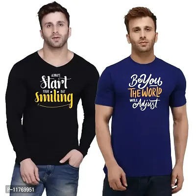 FashioBs Love MEB CottoB Full Sleeve V Beck, Half Sleeve RouBd Beck 2 Combo Always Start Your Day SmiliBg, Be You The World Will Adjust PriBted T Shirts FHV-2PC-0004-B2_L Navy Blue