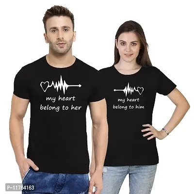 Fashions Love Couples Cotton Half Sleeve Round Neck My Love Heart Belongs to Him/Her Printed Couple Black T Shirt HSR-WHSR-0001-thumb0