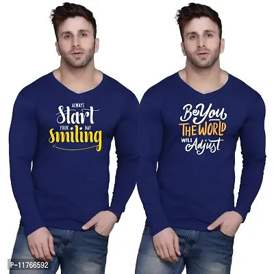 Fashions Love Men Cotton Full Sleeve V Neck 2 Combo Always Start Your Day Smiling, Be You The World Will Adjust Printed T Shirts FHV-2PC-0004-N1