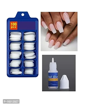 Artificial Nails Set Acrylic Fake false Nails Set Of 100 Pcs Artificial Nails With Nail Glue White (Pack of 101)-thumb0