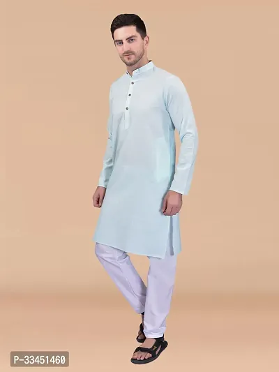 Stylish Blue Pure Cotton Solid Kurta With Bottom Sets For Men-thumb0