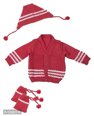 Desi mart Baby Vardhman Unisex Woolen Knitted Sweater Set for Infants Babies Clothing Set of 3 Pieces (Red_3-6 Months)