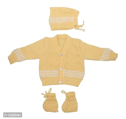 DesiMart New Born Baby Unisex Woolen Cardigan Winter Wear Knitted Sweater for Baby Clothing Set 3Pcs Suit (Mango_0-3 Months)