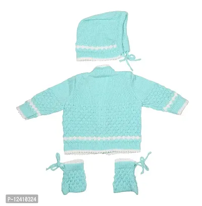 DesiMart New Born Baby Unisex Woolen Winter Wear Knitted Sweater for Baby Clothing Set 3Pcs Suit (Blue_0-3 Months)-thumb3