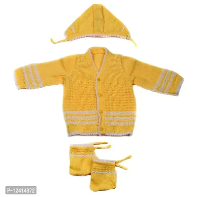Desi mart Baby Vardhman Unisex Woolen Knitted Sweater Set for Infants Babies Clothing Set of 3 Pieces (Yellow_0-3 Months)-thumb0
