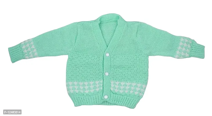 DesiMart New Born Baby Unisex Woolen Cardigan Winter Wear Knitted Sweater for Baby Clothing Set 3Pcs Suit (Green_0-3 Months)-thumb2