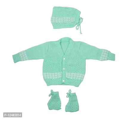 DesiMart New Born Baby Unisex Woolen Cardigan Winter Wear Knitted Sweater for Baby Clothing Set 3Pcs Suit (Green_0-3 Months)-thumb0