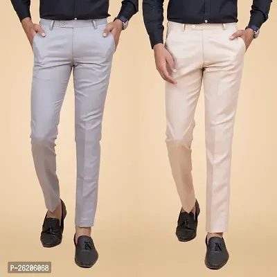 Cream and Light Grey Regular Fit Formal Trouser Combo pack for Men - Polyester Viscose Bottom Formal Pants for Gents - Work Utility Formal Pants for men - Pack of 2
