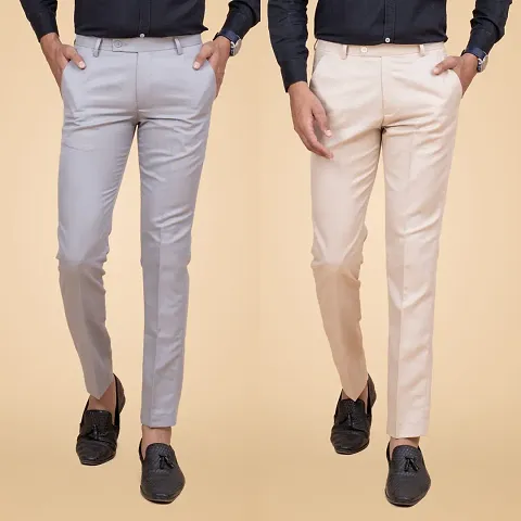 Cream And Light Grey Regular Fit Formal Trouser Combo Pack For Men