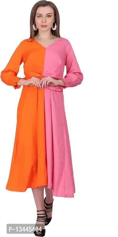 Stylish Orange Crepe Solid Fit And Flare Dress For Women-thumb0