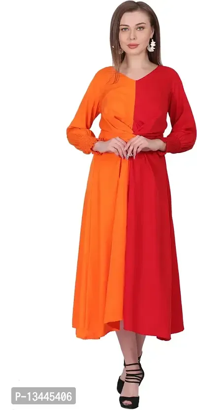 Stylish Orange Crepe Solid Fit And Flare Dress For Women-thumb0