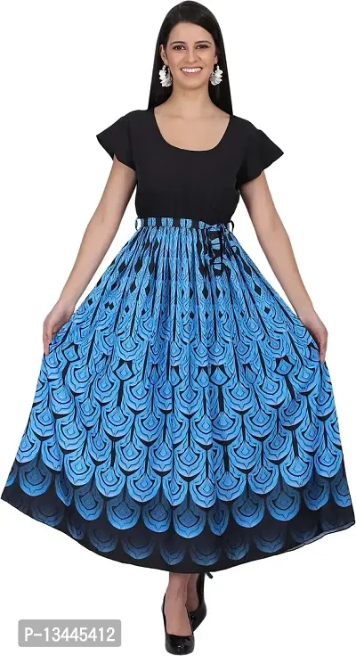 Stylish Blue Crepe Printed Fit And Flare Dress For Women-thumb0