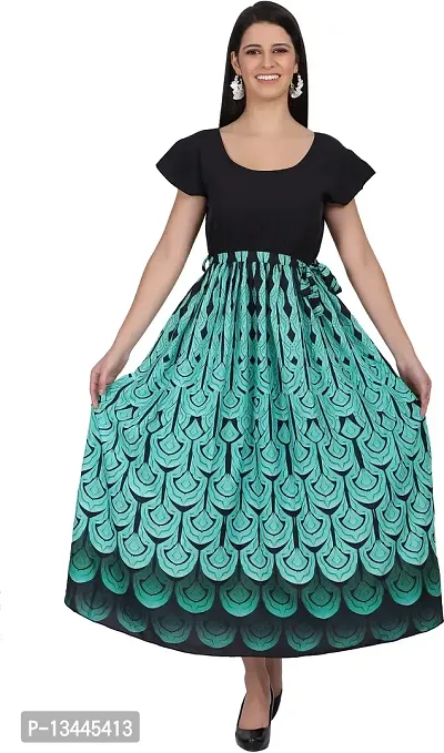 Stylish Green Crepe Printed Fit And Flare Dress For Women