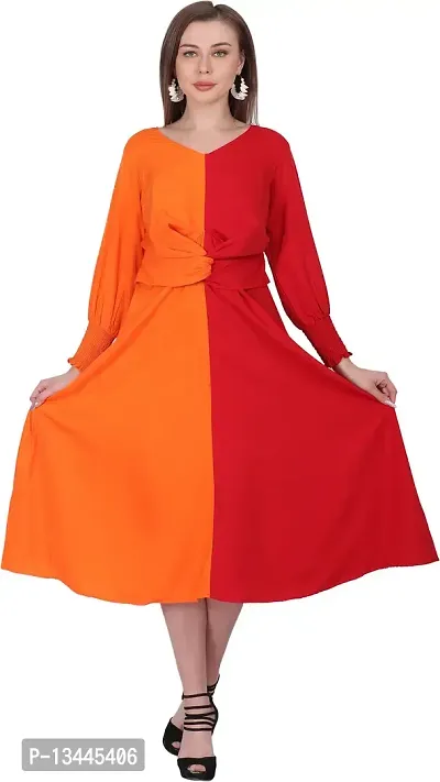 Stylish Orange Crepe Solid Fit And Flare Dress For Women-thumb2