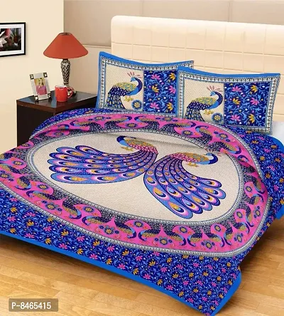 Classic Cotton Peacock Printed Double Bedsheet with 2Pillow Covers-thumb0