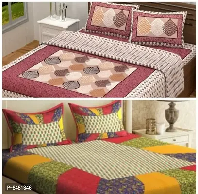 Classic Cotton Printed Double Bedsheet with Pillow Cover, Pack of 2