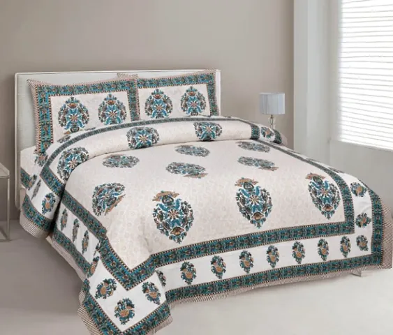 Jaipuri Printed Cotton King Size(108*90) Bedsheet With 2 Pillow Covers