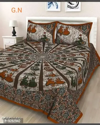 Comfortable Cotton Printed Multicolored Double Bedsheet with Two Pillow Covers