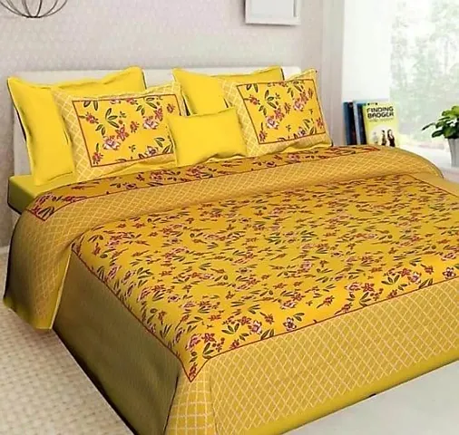 Vaishnavi Printed Cotton Yellow Double Bedsheet