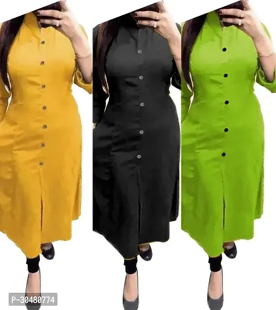 TRENDY COTTON BLEND COLLAR KURTI  MUSTARD  BLACK  GREEN-thumb0