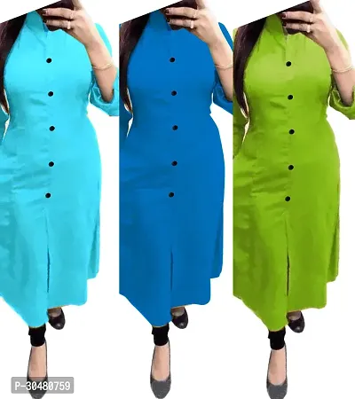 TRENDY COTTON BLEND COLLAR KURTI  AQUA BLUE,  BLUE  ,GREEN Pack of 3-thumb0