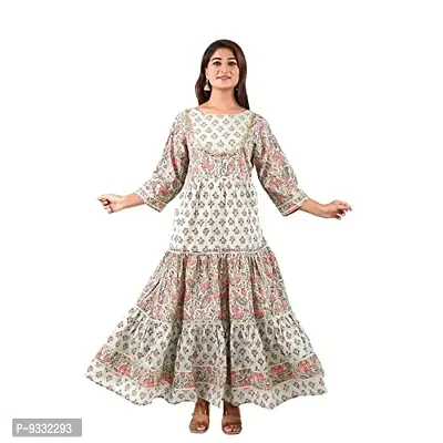 Shree Balaji Women's A-Line Cotton Floral Printed Ethnic Embroidery and Mirror Work Fit  Flared Gown Long Dress (Multicolored)