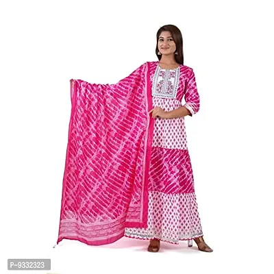 Shree Balaji Women's A-Line Cotton Floral Printed Ethnic Embroidery and Mirror Work Fit  Flared Gown Long Dress with Dupatta (Multicolored, Small)