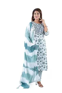 Shree Balaji Women's Cotton Straight Floral Printed Embroidery Kurti Pant Set with Dupatta - (White)-thumb3