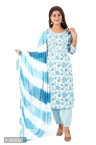 Shree Balaji Women's Cotton Straight Floral Printed Lace and Gota Work Kurti Pant Set with Dupatta - (Blue)