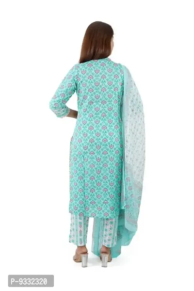 Shree Balaji Women's Cotton Straight Floral Printed Embroidery with Mirror Work Kurti Pant Set with Dupatta - (Sky Blue)