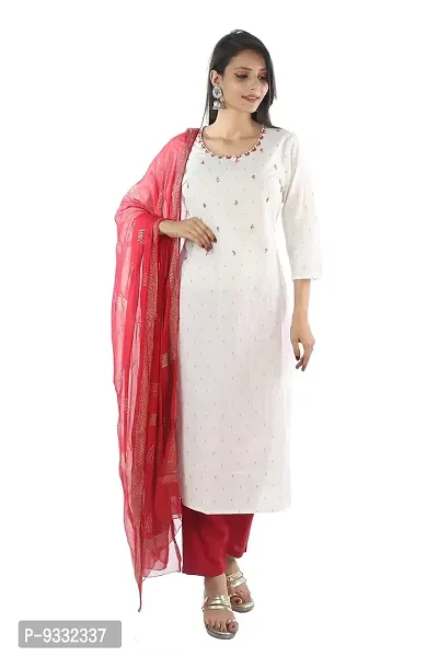 Shri Balaji Decor Women's Cotton Hand Work Kurta and Pant Set(RFH-099-WHITE RED-L)