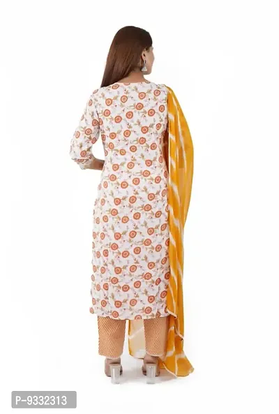 Shree Balaji Women's Cotton Straight Floral Printed Embroidery with Mirror Work Kurti Pant Set with Dupatta - (Yellow)-thumb0