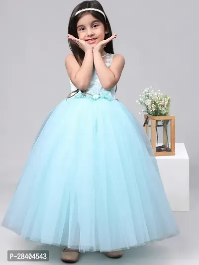 Beautiful Turquoise Net Embellished Fit And Flared Dress For Girls