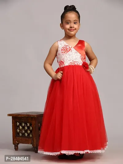Beautiful Red Net Embellished Fit And Flared Dress For Girls