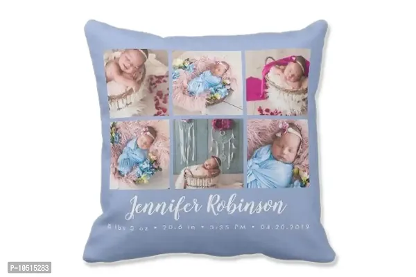 Pixelkari - Personalized Gift for New Born Baby Photo Pillow/Cushion + Filler with Name (Big, 16x16 inch) (Purple 6 Pics Theme)