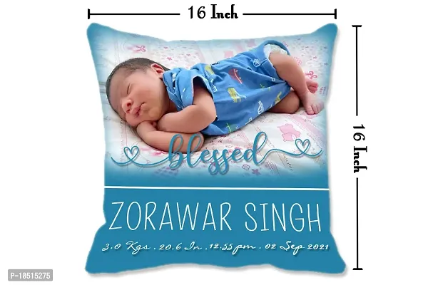 Pixelkari - Personalized Gift for New Born Baby Photo Pillow/Cushion + Filler with Name (Big, 16x16 inch) (Blue Theme)-thumb3