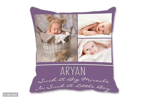 Pixelkari - Personalized Gift for New Born Baby Photo Pillow/Cushion + Filler with Name (Big, 16x16 inch) (Purple Theme)-thumb0