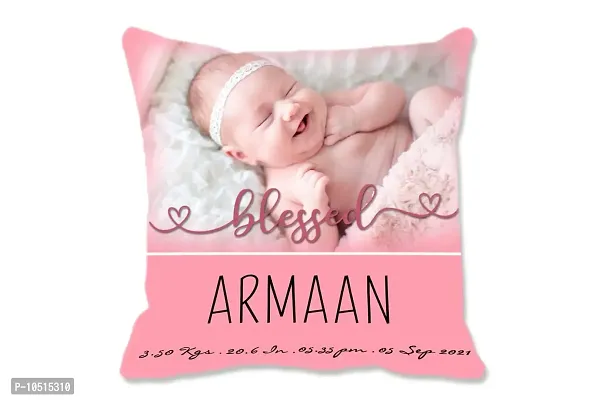 Pixelkari - Personalized Gift for New Born Baby Photo Pillow/Cushion + Filler with Name (Big, 16x16 inch) (Pink Theme)