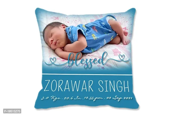 Pixelkari - Personalized Gift for New Born Baby Photo Pillow/Cushion + Filler with Name (Big, 16x16 inch) (Blue Theme)