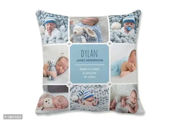 Pixelkari - Personalized Gift for New Born Baby Photo Pillow/Cushion + Filler with Name (Big, 16x16 inch) (White 8 Pics Theme)