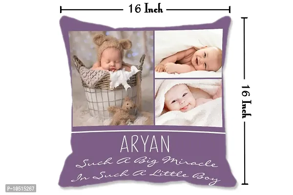 Pixelkari - Personalized Gift for New Born Baby Photo Pillow/Cushion + Filler with Name (Big, 16x16 inch) (Purple Theme)-thumb3