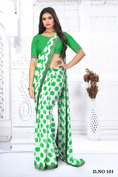 Georgette Polka Dot Printed Lace Border Sarees with Blouse piece